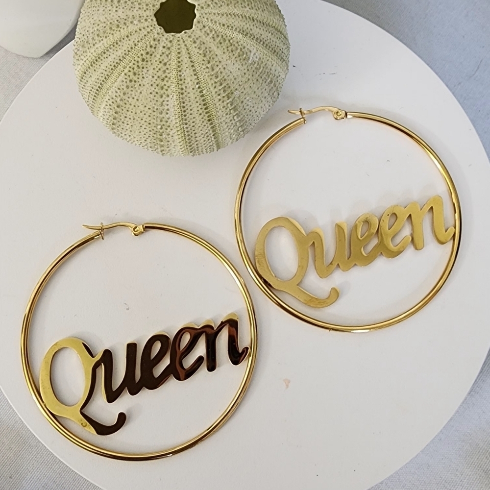 Gold Stainless Steel Queen Hoop Earrings - Picture 1 of 6